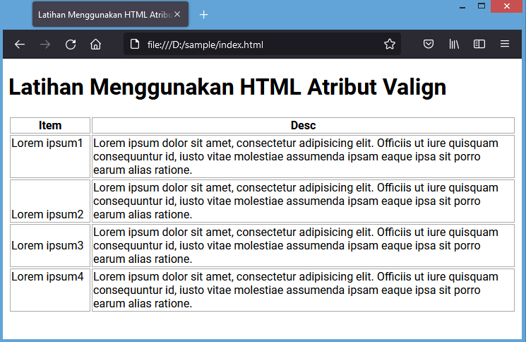 atribut valign (vertical align) html